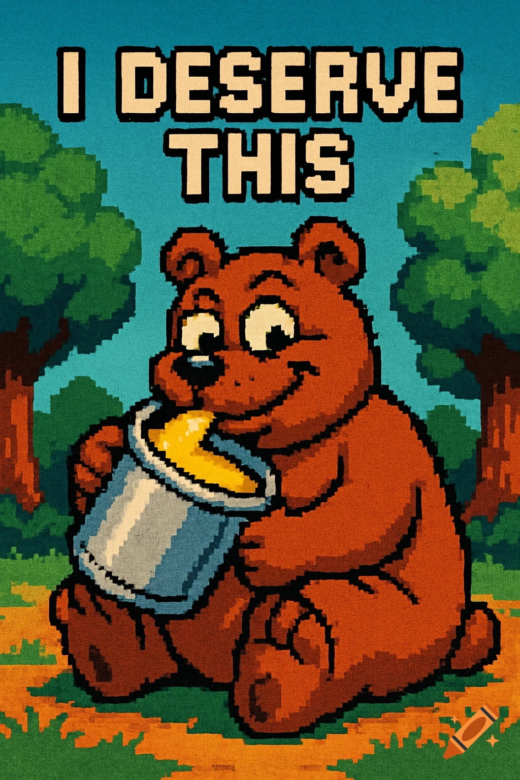 A pixel art image of a brown bear happily drinking yellow liquid from a grey bucket, with trees in the background and the text 'I DESERVE THIS' above.