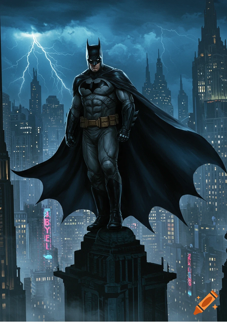 Batman stands on a gargoyle atop a skyscraper overlooking Gotham City under a stormy, lightning-filled sky.
