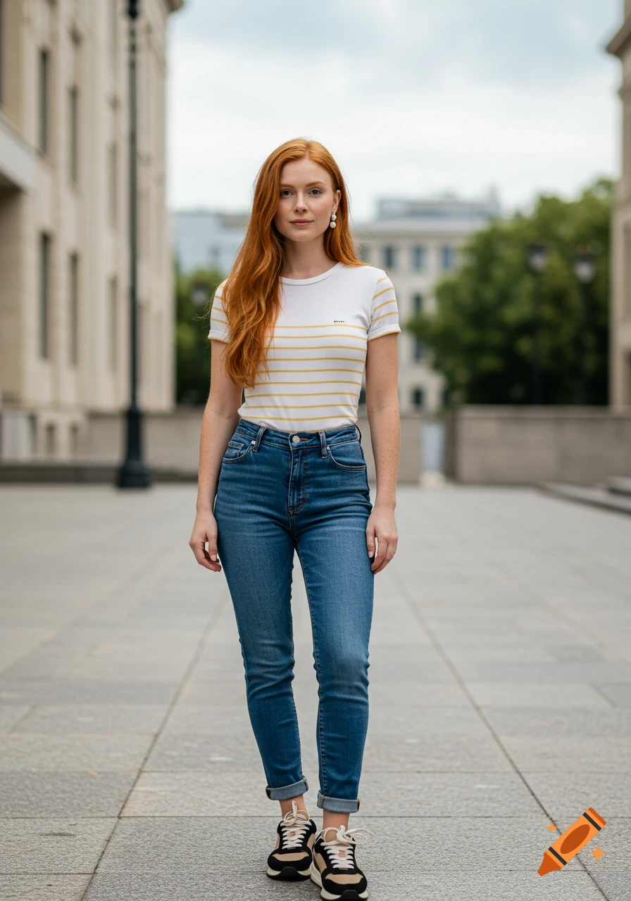 A photorealistic full-body portrait of a woman with red hair, wearing a white striped t-shirt, blue jeans, and sneakers, standing on a paved street.
