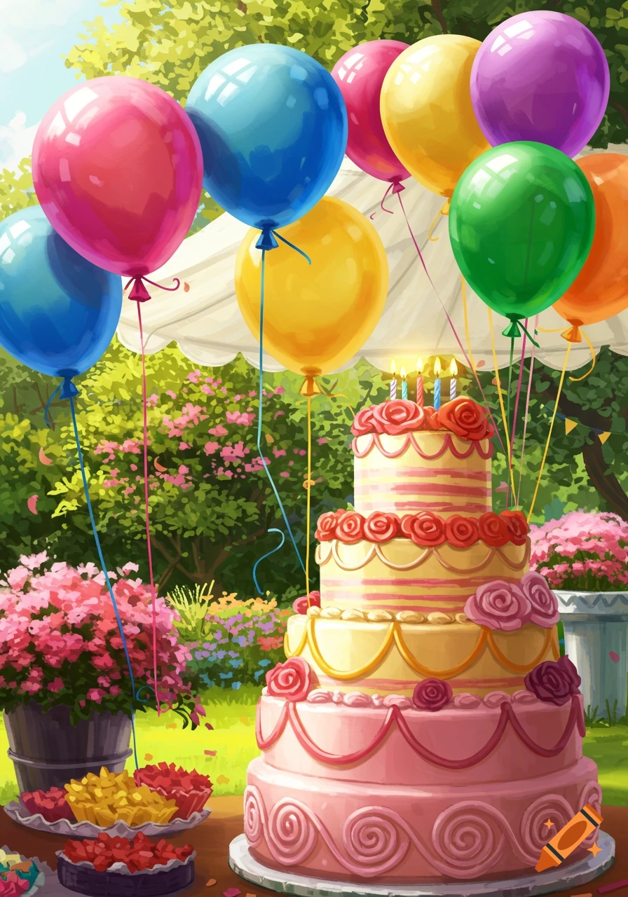 A vibrant illustration of a tiered birthday cake with lit candles, colorful balloons, and desserts at an outdoor garden party.