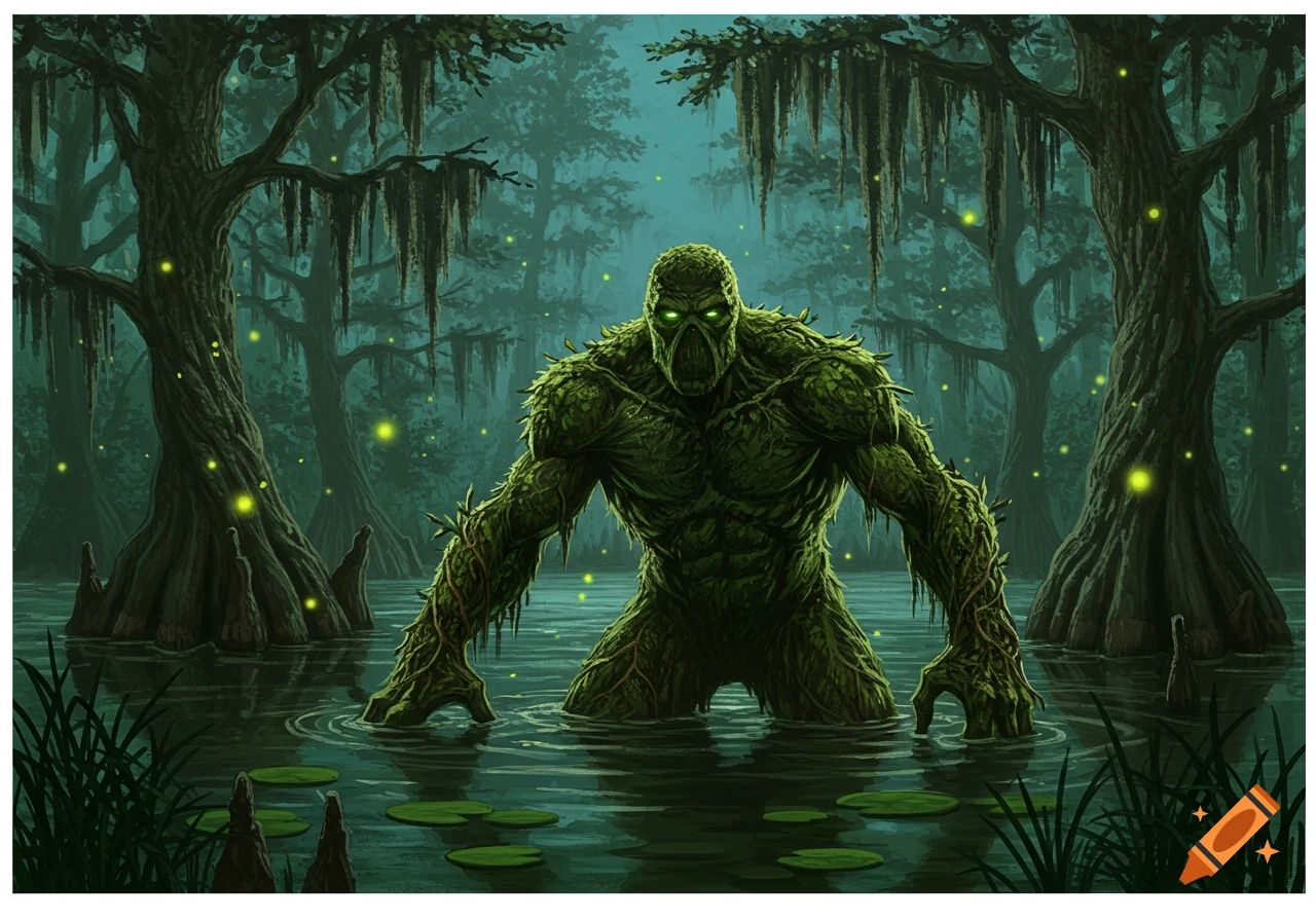 Swamp Thing, a moss-covered creature with glowing eyes, emerges from a dark, misty bog filled with lily pads and glowing lights.