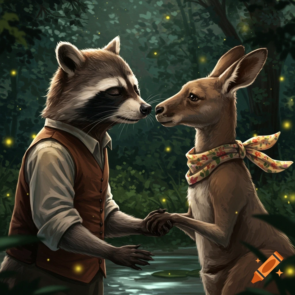 A raccoon in a vest and a kangaroo in a scarf hold hands in a glowing forest at night, surrounded by fireflies.