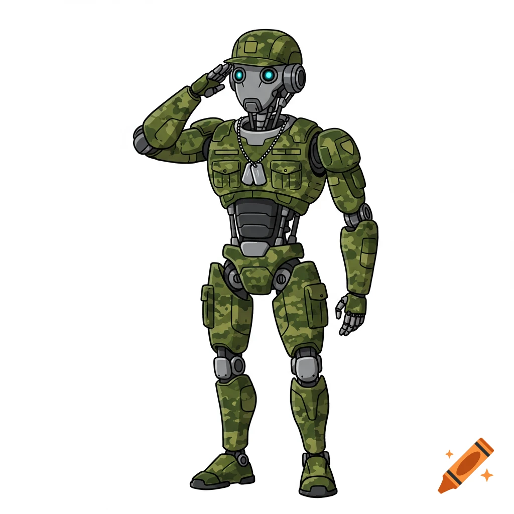 A cartoon illustration of an AI robot in military camo uniform and dog tags, saluting.