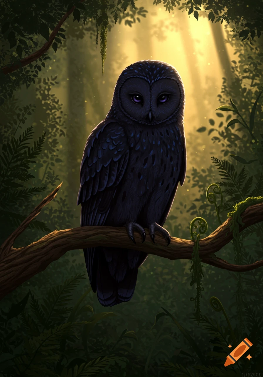 A dark, almost black owl with striking purple eyes perches on a branch in a mystical, sun-drenched forest.