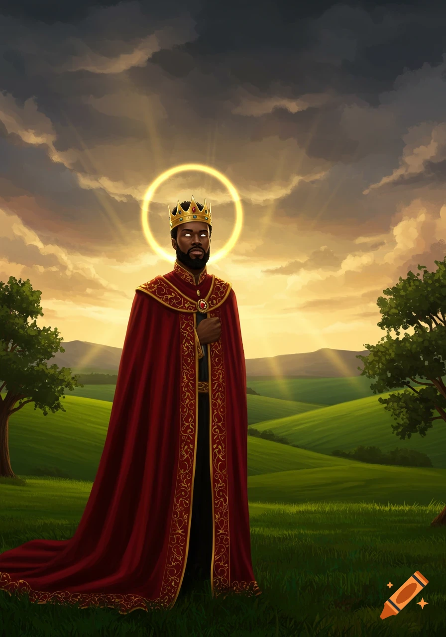A regal Black king in a red and gold robe with a halo, standing in a lush green landscape under a dramatic sky.