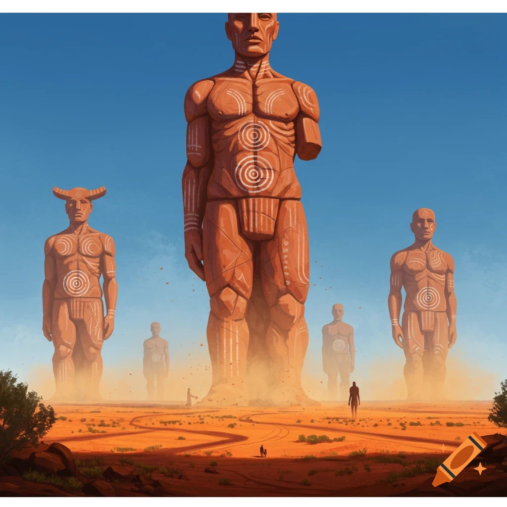 Massive humanoid statues stand in a vast orange desert under a clear blue sky, with small figures walking below.