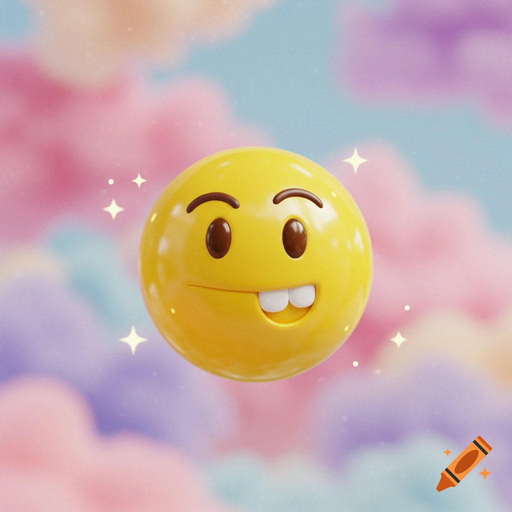 A yellow 3D render of a smiley face emoji biting its lip, floating in pastel clouds with sparkles.