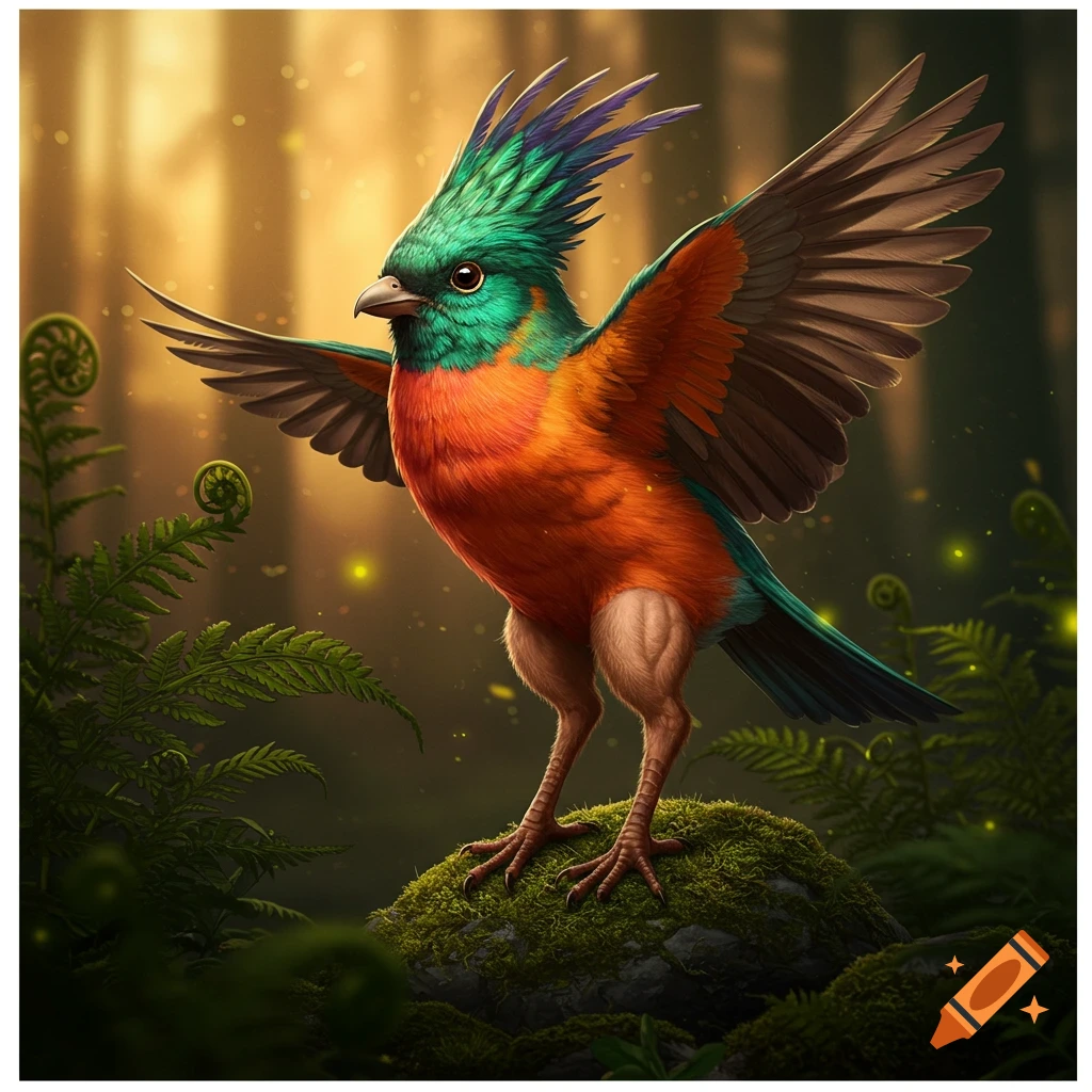 A vibrant fantasy bird with green, orange, and blue plumage stands on a mossy rock in a glowing forest, its powerful legs visible.