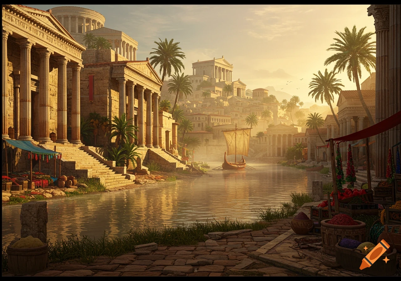 A vibrant ancient Roman city with grand buildings along a river, a boat on the water, and market stalls under a warm, golden sky.