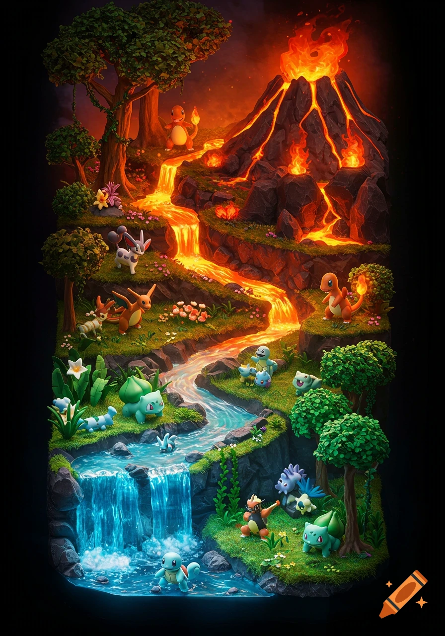 A vertical diorama of a fantasy landscape with three layers: a fiery volcano, a lush forest, and a vibrant waterfall with various Pok nmon.