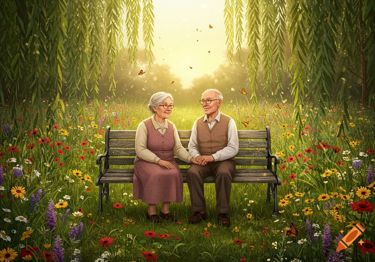 An elderly couple sits holding hands on a park bench in a vibrant field of wildflowers beneath weeping willow trees, bathed in warm sunlight.