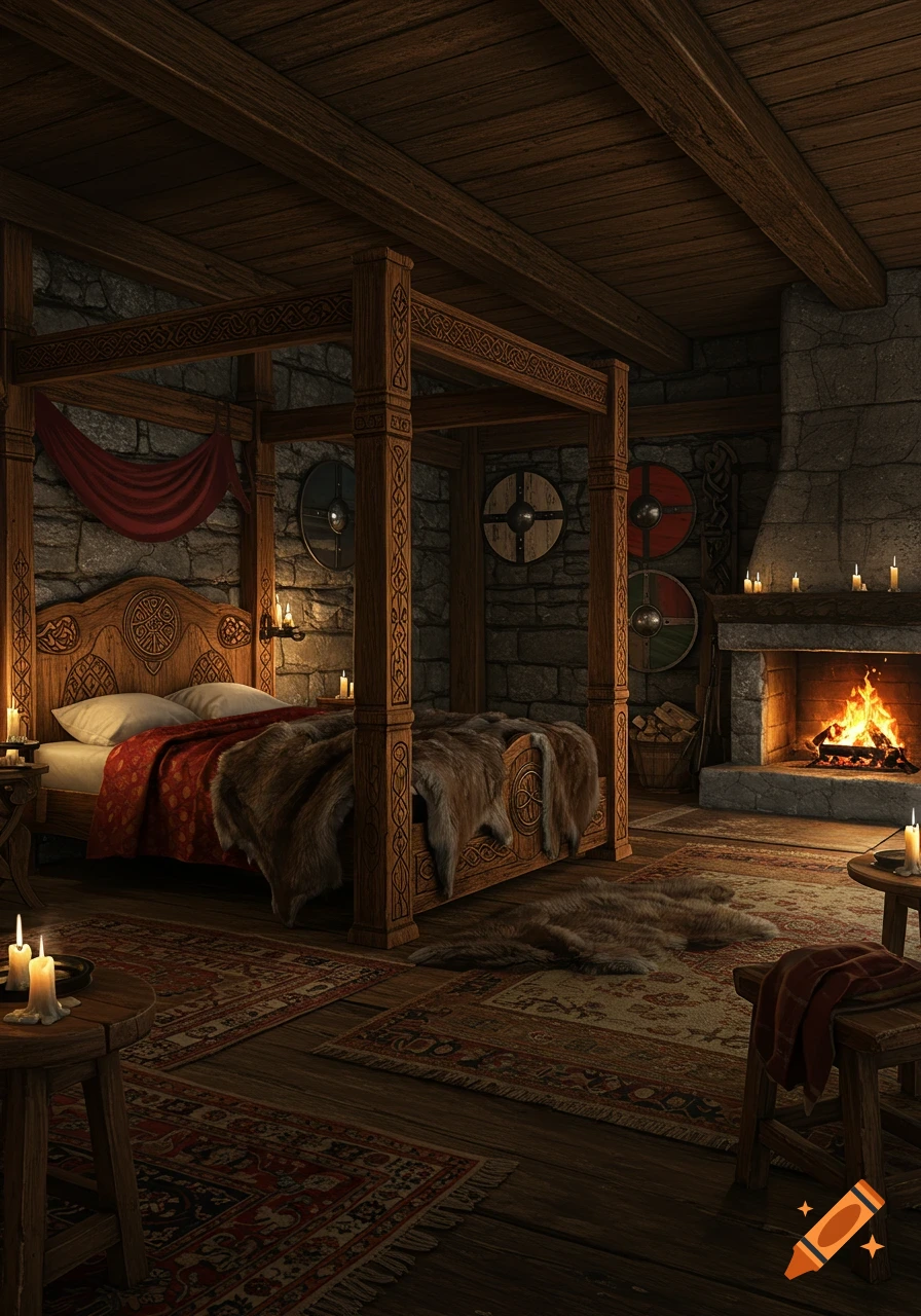 A photorealistic Viking-style bedroom featuring a four-poster bed with fur throws, a lit fireplace, and stone walls.