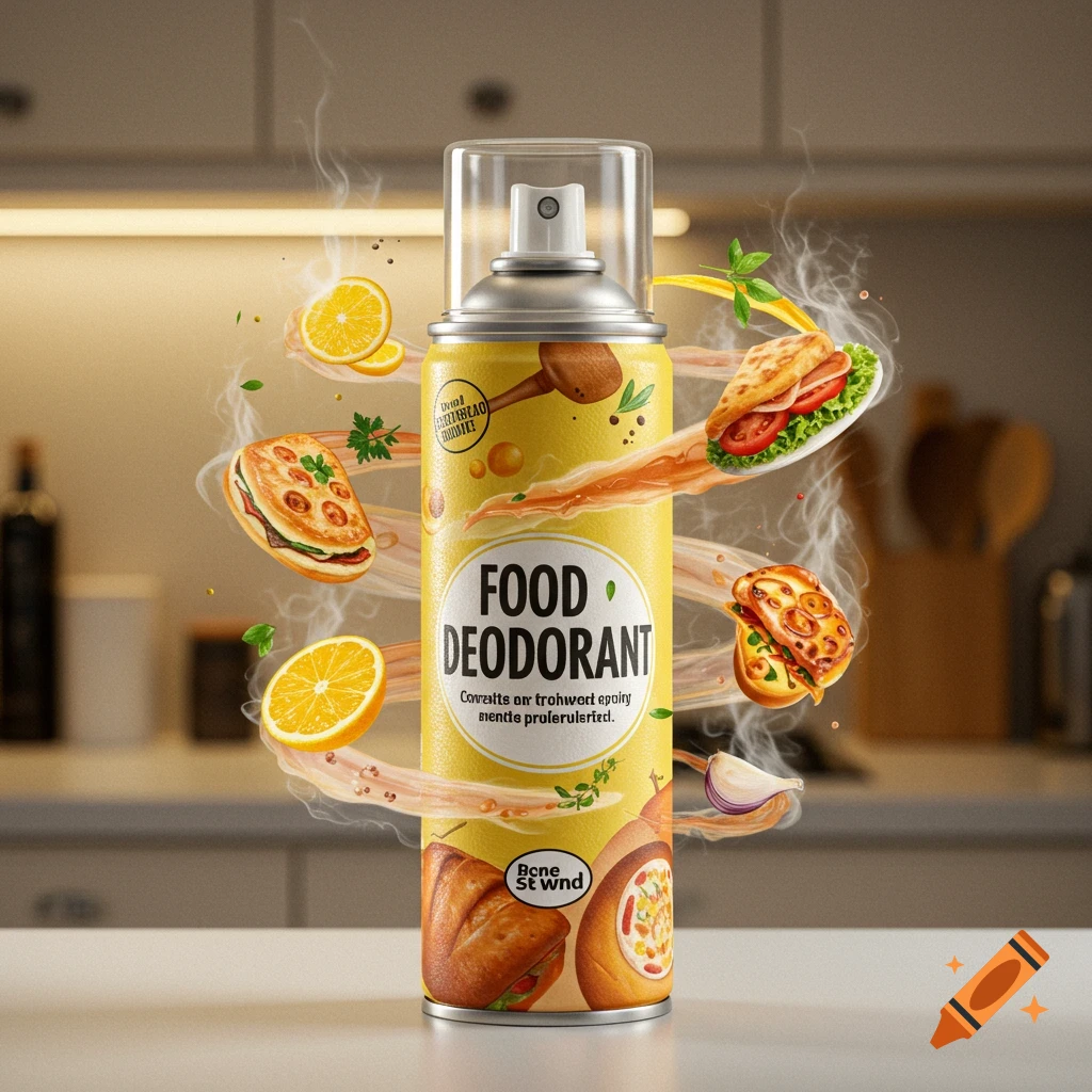 A yellow spray can labeled "FOOD DEODORANT" with various food items like burgers, pizza, sandwiches, and lemons floating around it, in a kitchen setting.