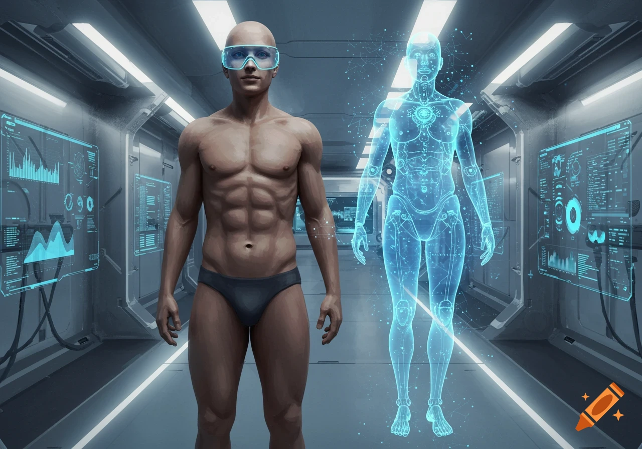 A man in briefs and goggles stands next to a glowing blue holographic human body in a futuristic lab with data screens.