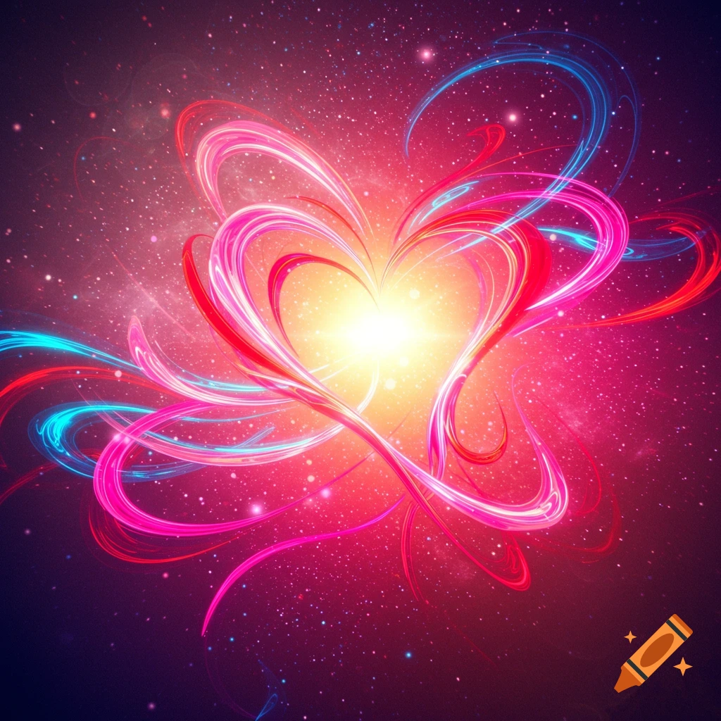 A glowing heart shape formed by vibrant pink, red, and blue light trails against a dark, starry cosmic background.