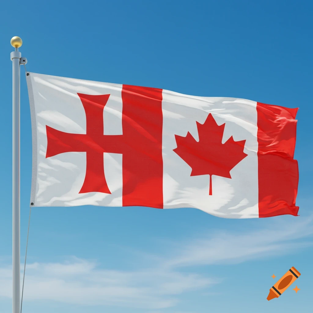 A hybrid flag showing a red crusader cross on the left and the Canadian maple leaf flag on the right, flying against a blue sky.