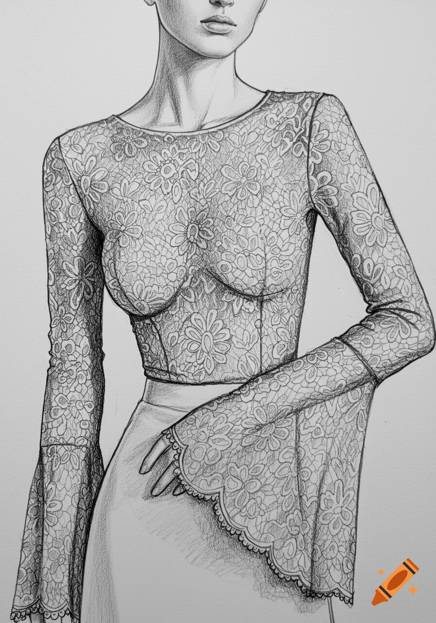 Pencil sketch of a woman wearing a long-sleeved lace top with a high neckline and flared sleeves, showing intricate floral patterns.