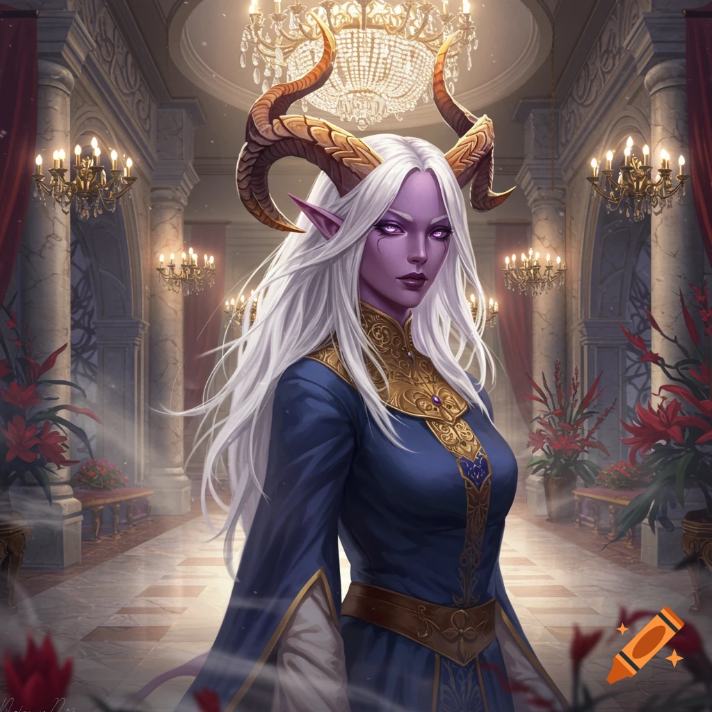 A purple-skinned tiefling woman with long white hair and gold horns stands in a lavish palace hall, wearing a blue and gold ornate dress.