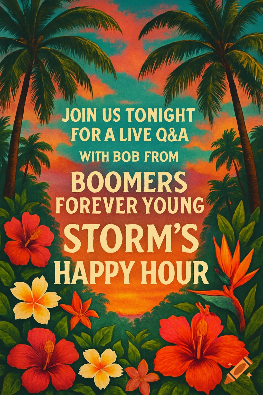 Vibrant tropical poster with palm trees, hibiscus flowers, and text about an event.