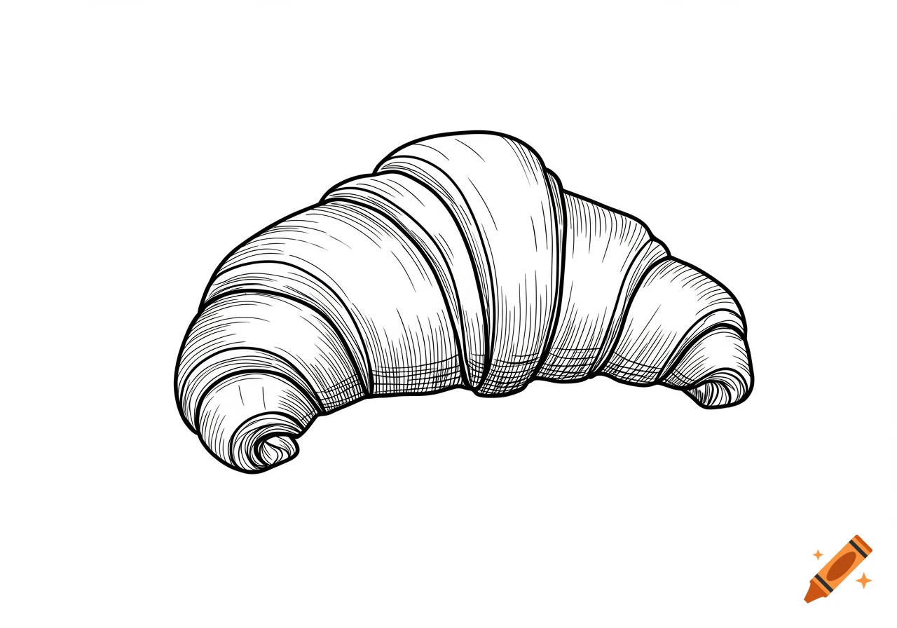 A black and white outline illustration of a croissant.