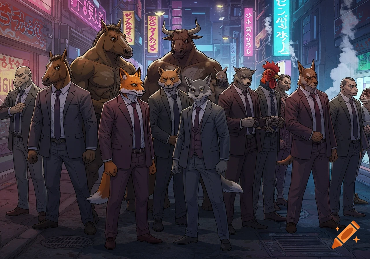 A group of anthropomorphic animals and humans in suits stand in a neon-lit city street at night, in a cartoon style.