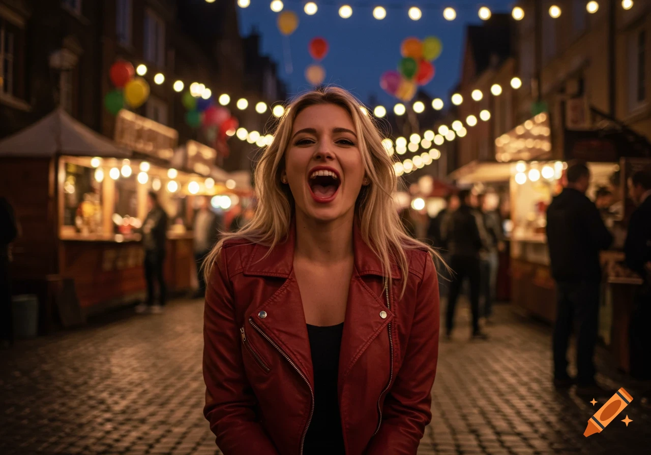 A woman in a red leather jacket laughs loudly at a night market illuminated by string lights and balloons.