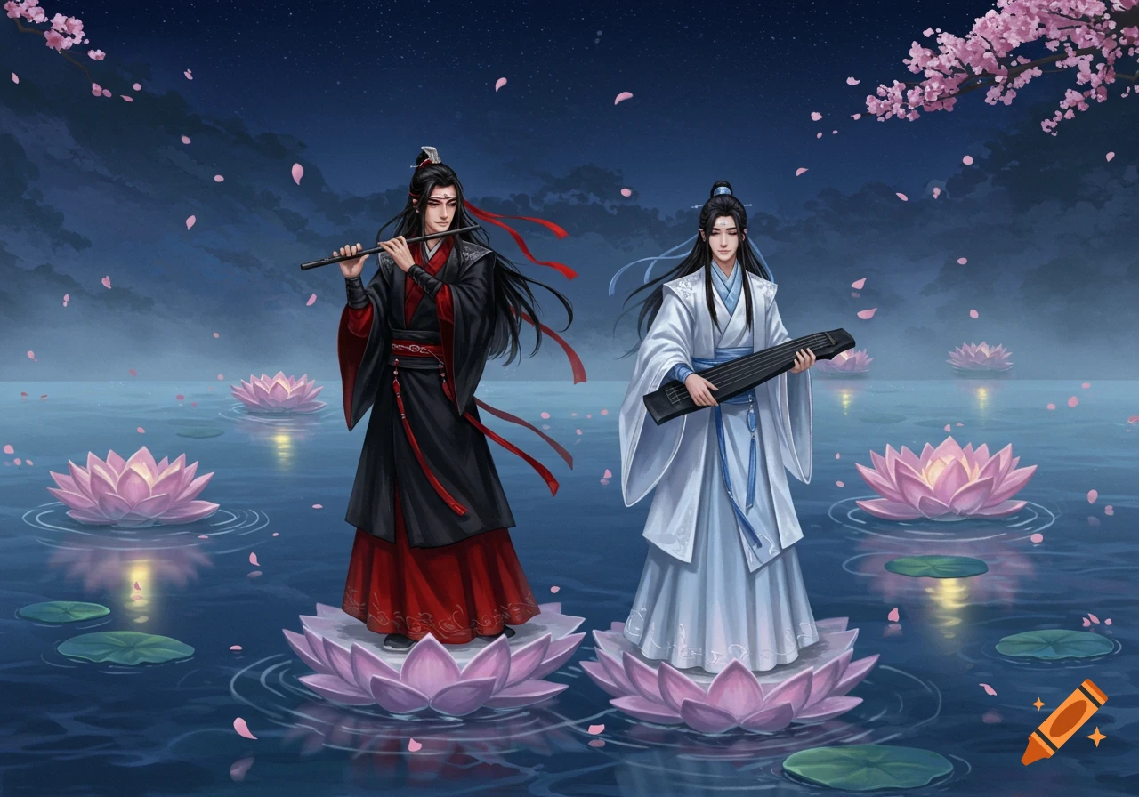 Two male anime characters in traditional black and white robes stand on pink lotus flowers, playing a flute and a stringed instrument on a serene night pond under cherry blossoms.
