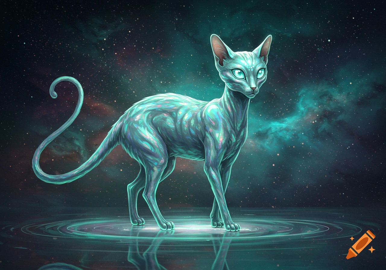 An iridescent alien cat with glowing eyes stands on a reflective surface under a starry cosmic sky.