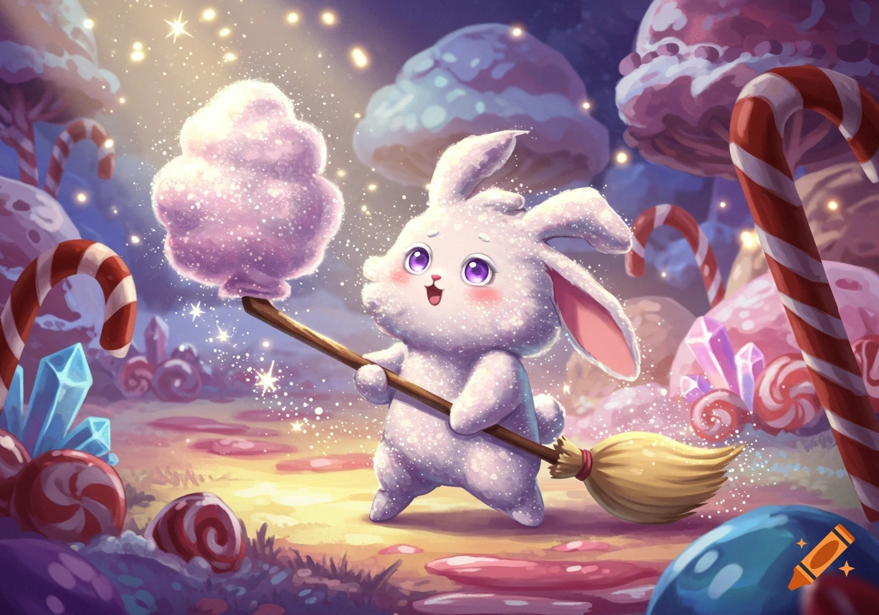 A cute, fluffy white rabbit creature holds a sparkling pink cotton candy cloud on a stick in a whimsical candy land.