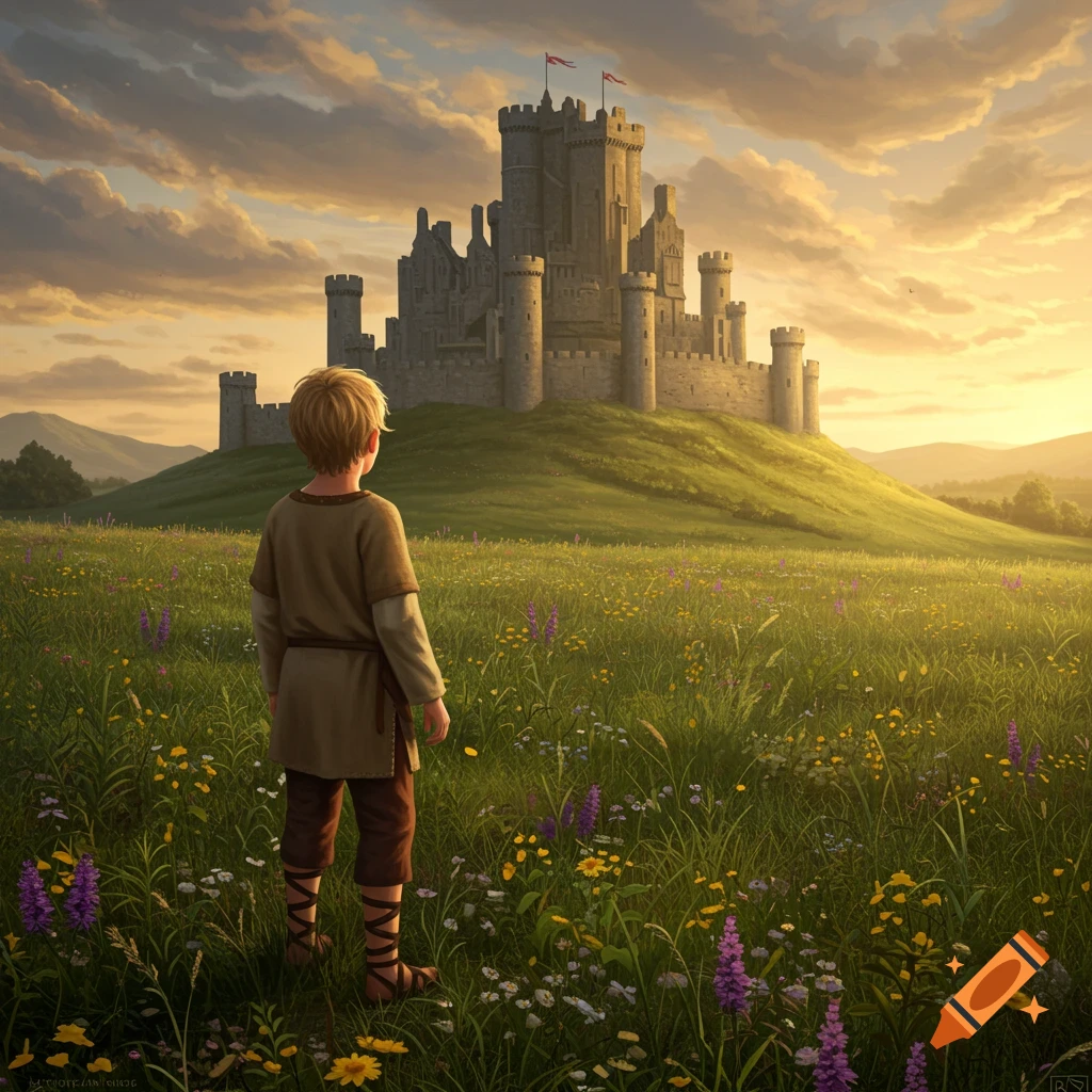 A young boy stands in a sunlit field of wildflowers, gazing at a majestic castle on a distant hill under a golden sky.