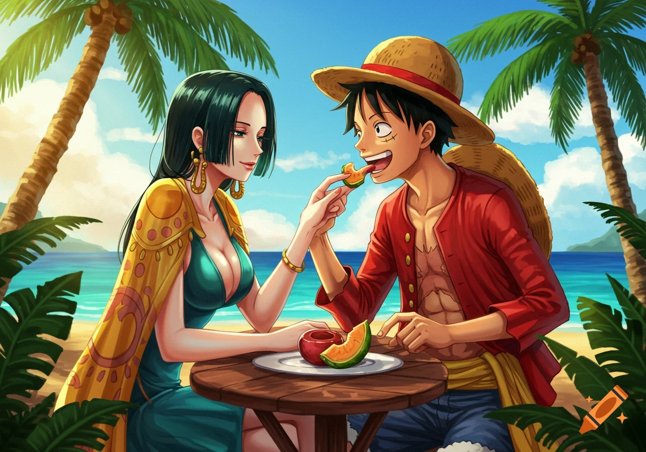 Anime illustration of Boa Hancock feeding Monkey D. Luffy a melon slice on a tropical beach.