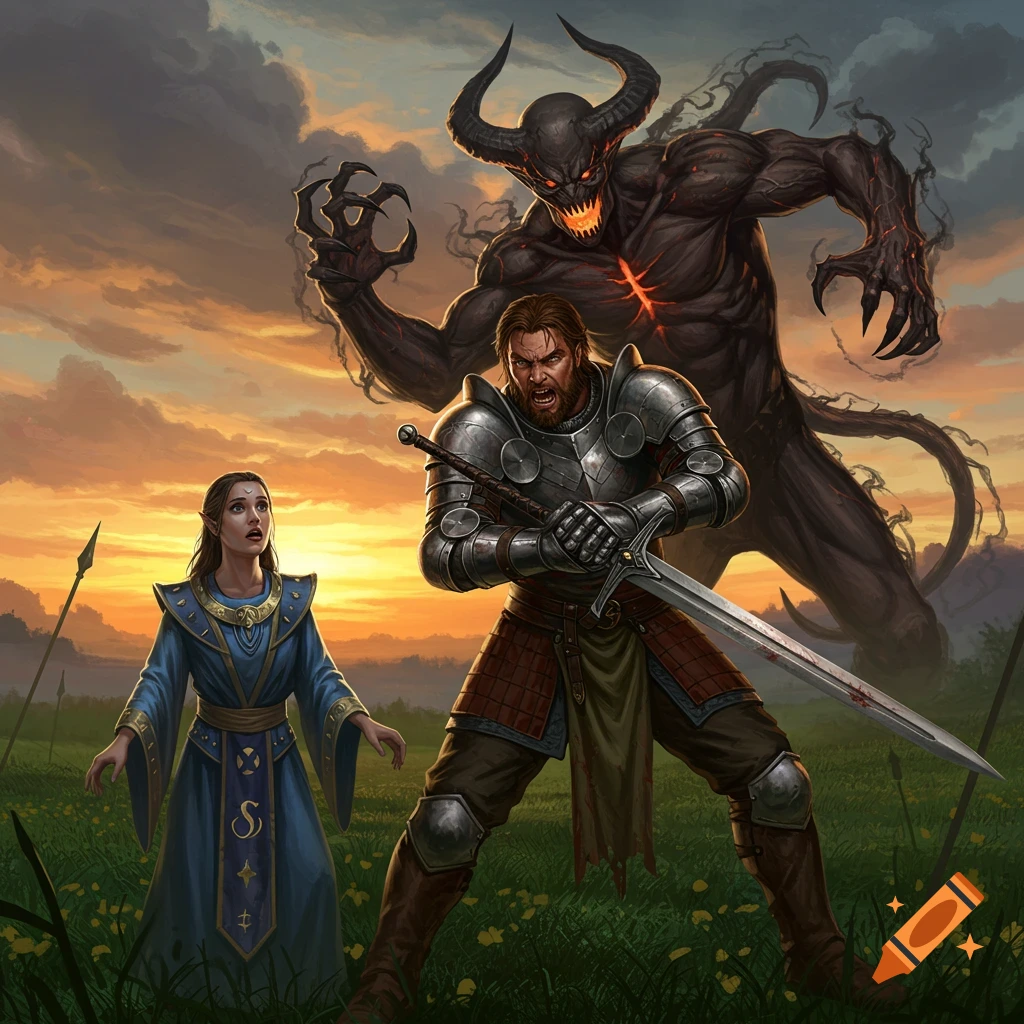 A knight with a sword and a woman in a blue robe confront a large, horned demon in a grassy field at sunset.