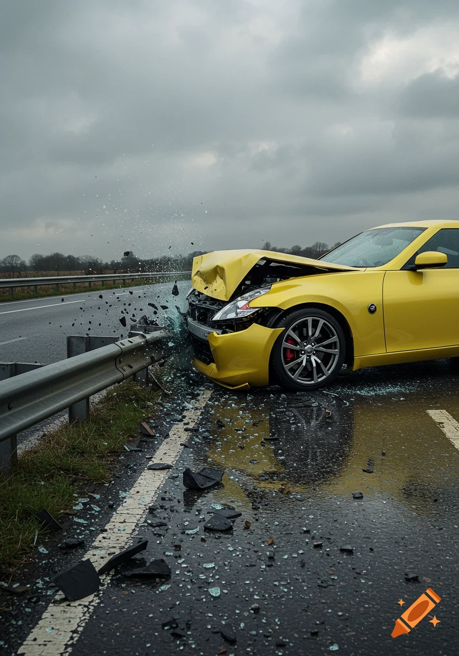 Photorealistic yellow Nissan 370Z crashed into a roadside barrier, its front end crumpled with glass and debris on the wet asphalt under a grey sky.