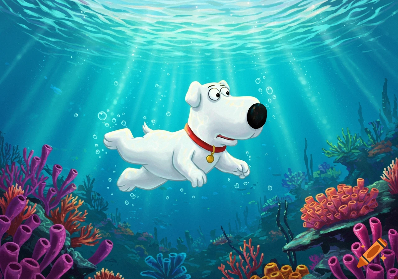 Brian Griffin, the white dog from Family Guy, swims gracefully underwater surrounded by colorful coral and bubbles.