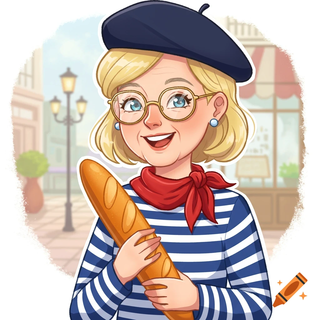 Cartoon blonde woman in beret and striped shirt holding a baguette, smiling in a city street.