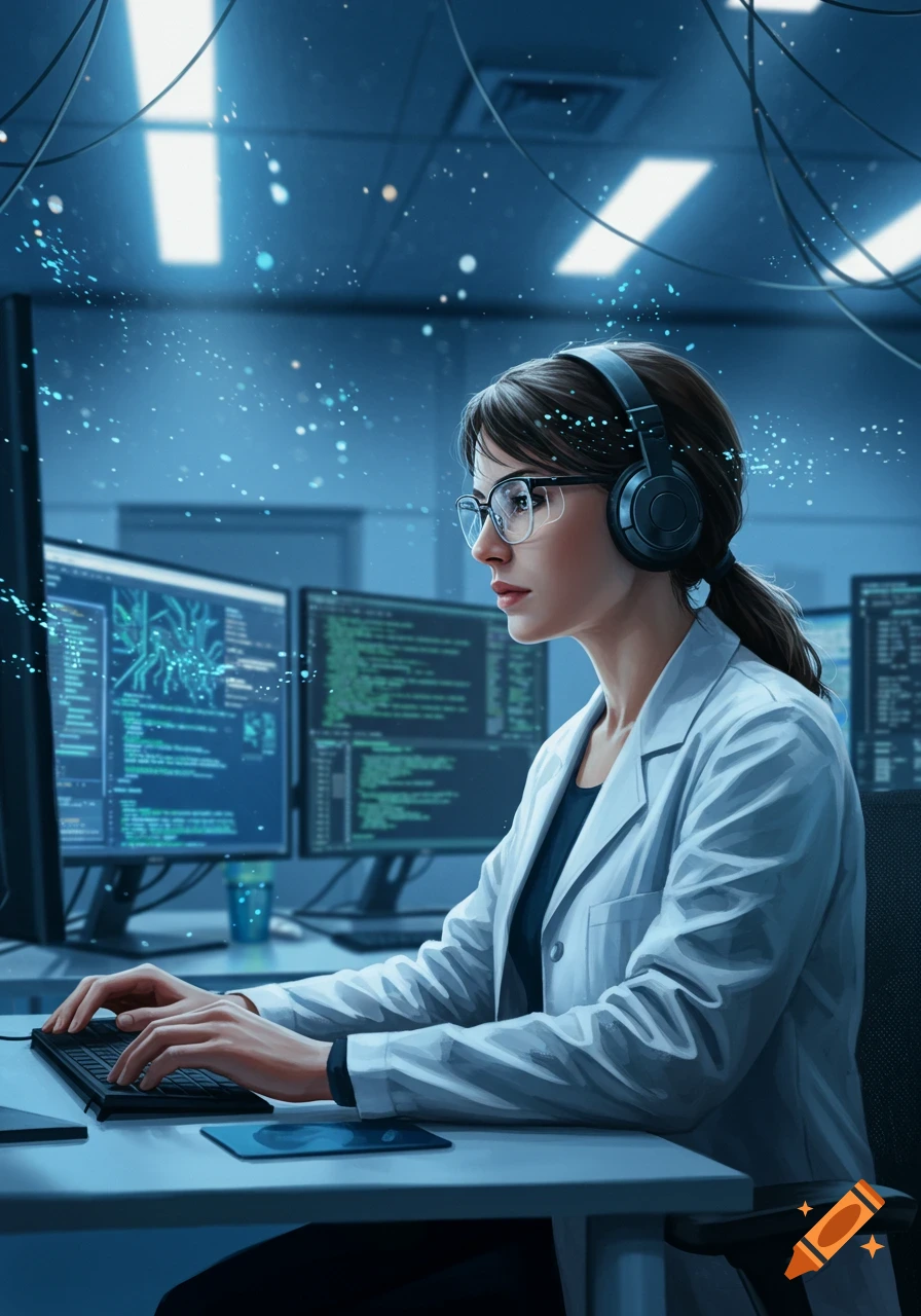 A woman in a lab coat and headphones types at a keyboard, looking at multiple computer screens displaying green code in a high-tech, blue-lit room.
