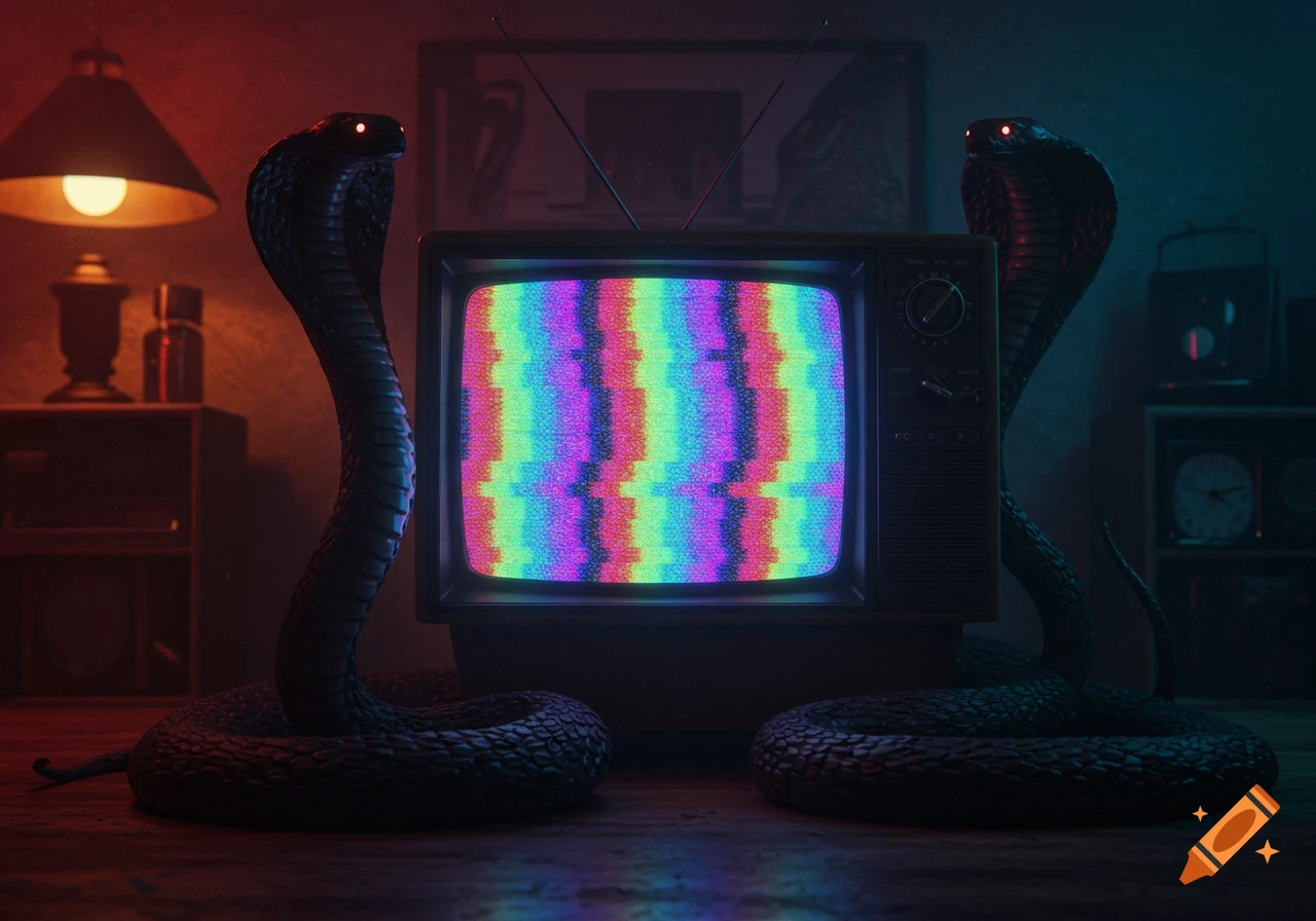 Two black cobras with glowing red eyes flank an old television displaying colorful static in a dark, moody room.