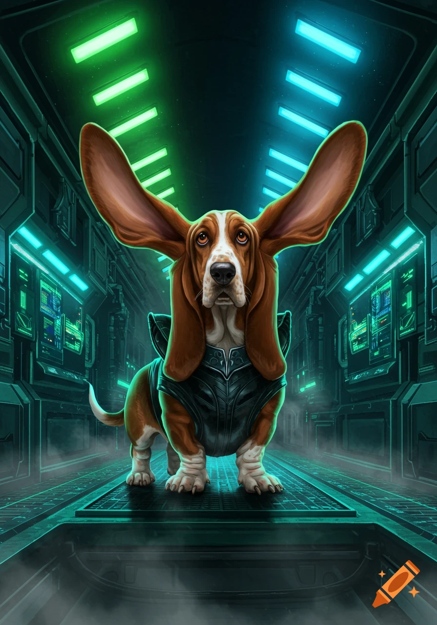 A basset hound in futuristic black armor with large ears stands in a glowing green and blue sci-fi corridor.