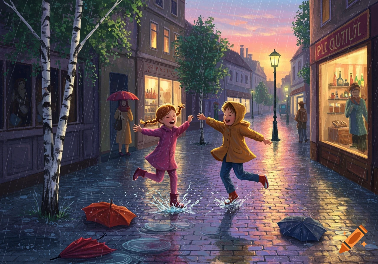 Two cheerful children in colorful raincoats splash in puddles on a cobblestone street at dusk, an illustration.