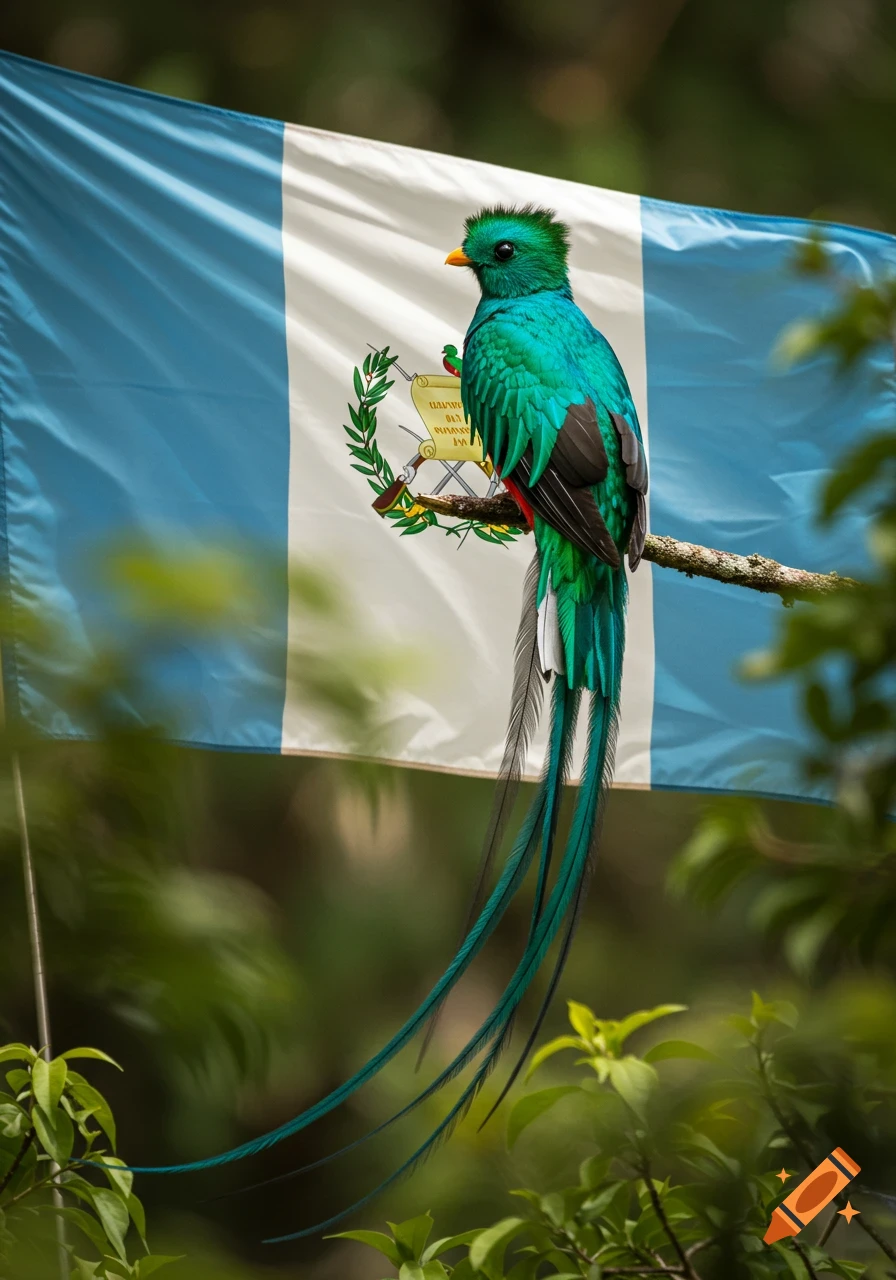 A vibrant green Resplendent Quetzal bird perches on a branch in front of the blue and white Guatemalan flag.