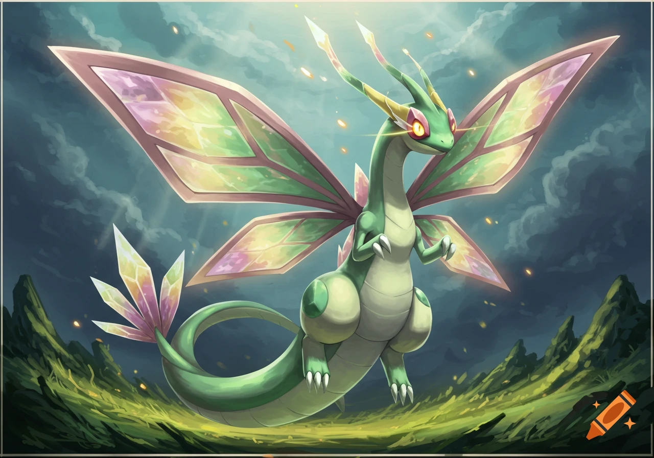 A green dragon-like creature with large, multi-colored, crystalline wings flies over a grassy landscape under a cloudy sky.