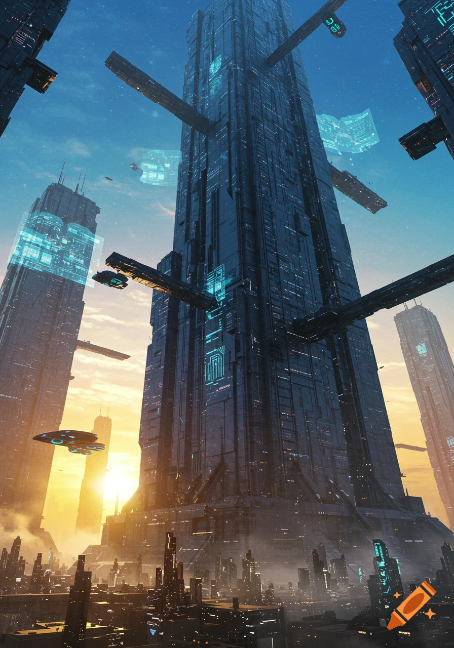 A low-angle view of towering futuristic skyscrapers with glowing blue accents in a vibrant sci-fi cityscape at sunset.