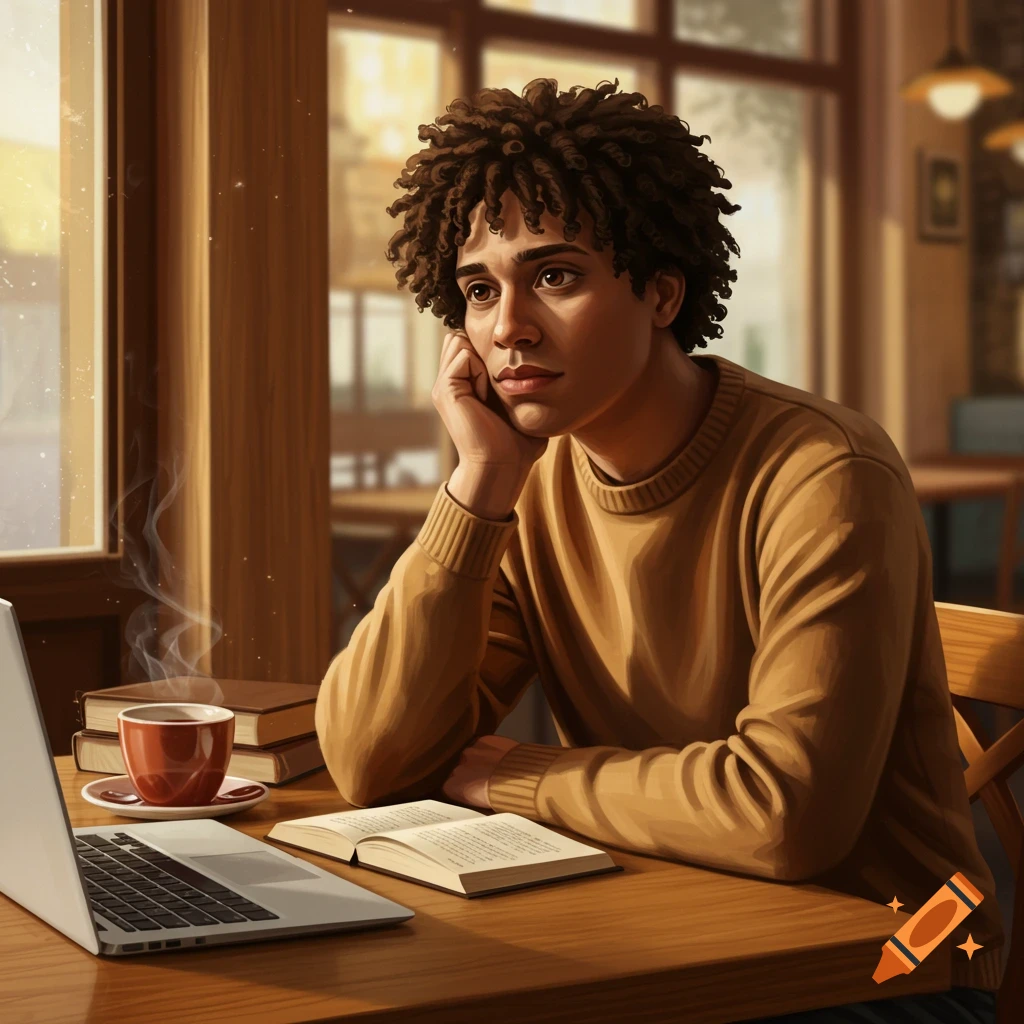 A person with curly hair in a brown sweater sits thoughtfully at a cafe table with a laptop, book, and coffee.