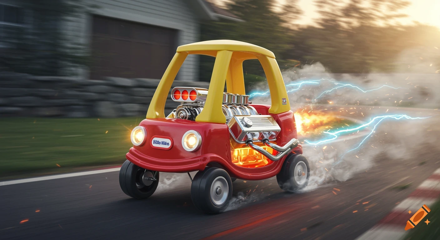 A souped-up red and yellow Little Tikes toy car with a large engine, exhaust flames, smoke, and lightning streaks races on a track at sunset.