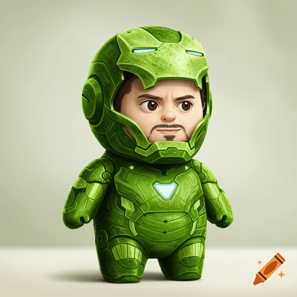 A cute, stylized Labubu doll resembling Tony Stark in a textured green Iron Man suit, with the helmet open to show his face.