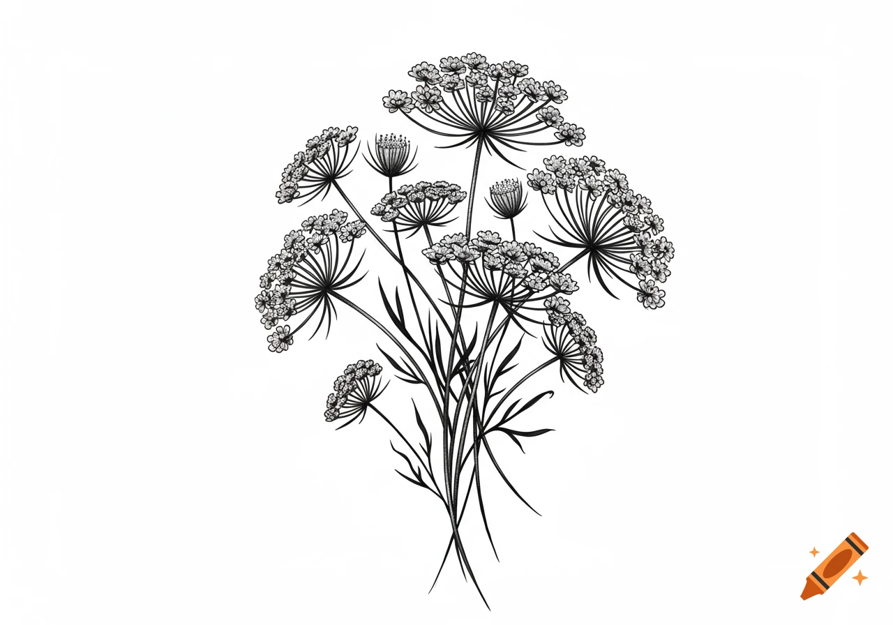 Black and white line drawing of Queen Anne's Lace flowers and foliage, suitable for a tattoo design.