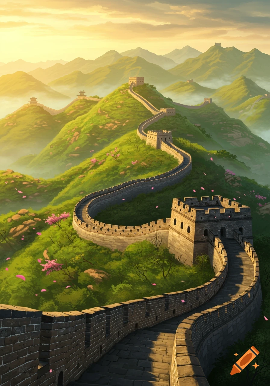 Illustrative view of the Great Wall of China winding across green, misty mountains with cherry blossoms under a golden sky.