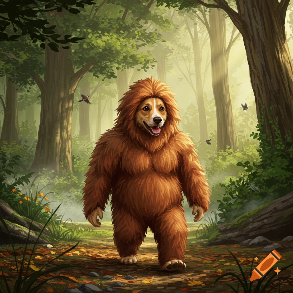 A cute dog wearing a furry Bigfoot suit walks through a sun-dappled forest path in an illustrated style.