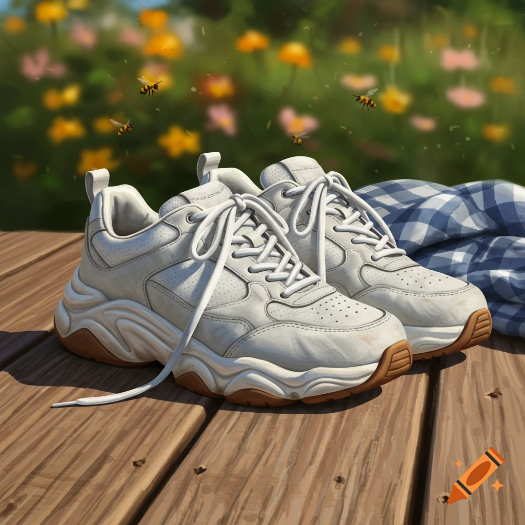 White chunky sneakers sit on a wooden picnic table next to a blue checkered blanket, with bees flying over blurry flowers in the background.
