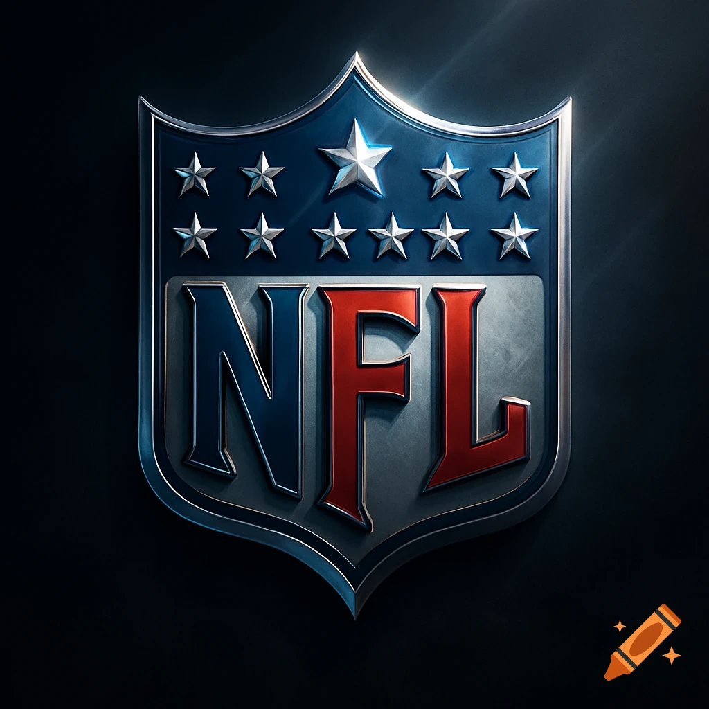 A shiny, metallic 3D rendering of the NFL logo on a dark background.